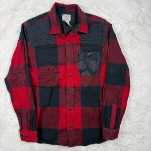 L.L Bean Red Black Plaid Flannel Up Elbow Patches Slightly Fitted Men's Medium